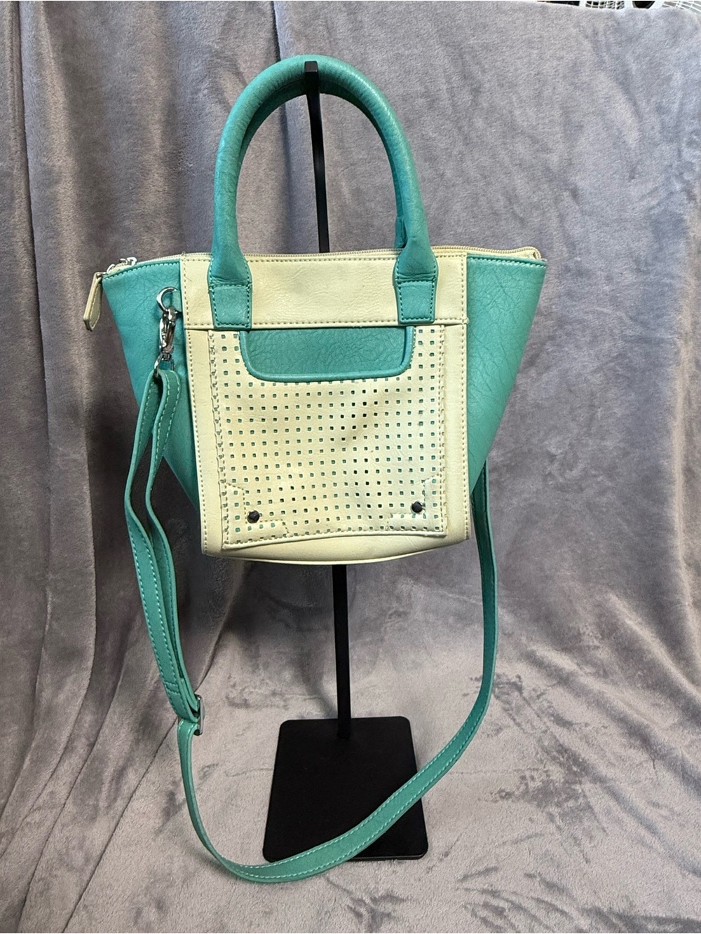 Charming Charlie Teal/Cream Color Block Dual Top Handles Adjustable Crossbody